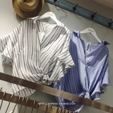 韩国ABOCOSY夏季新款喇叭袖V领套头宽松显瘦条纹衬衫女上衣打底衫