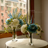 现代新古典厚底玻璃花瓶蓝色牡丹绣球样板房高档仿真假花花艺套装