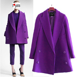 2016新款秋冬季女装欧美显瘦呢子大衣中长款韩版宽松紫色毛呢外套