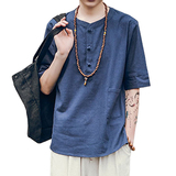 中国风棉麻短袖上衣男青年唐装宽松休闲民族服装中式亚麻汉服夏季