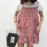 夏季新款 韩国学院风复古可爱棉麻格子背带吊带连衣裙娃娃裙