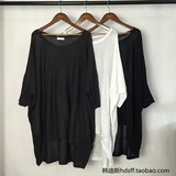 2016夏 韩国原单新款TH女装 前短后长棉麻针织中长款蝙蝠袖针织衫