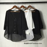 2016夏韩国原单外贸TH女装纯色单排扣后雪纺拼接前短后长针织开衫