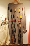 韩国代购正品女装秋季新款彩色毛线流苏吊坠套头宽松中长款毛衣
