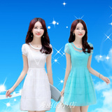 女版新款夏季韩版甜美气质修身纱网拼雪纺连衣裙纯色圆领公主裙子