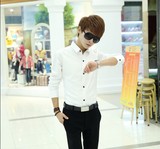 韩版亚麻男士立领长袖衬衫加厚流行棉麻上衣修身加绒纯色长袖衬衣