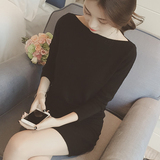2016秋季新款女装韩版修身黑色长袖包臀短裙一字领针织连衣裙打底