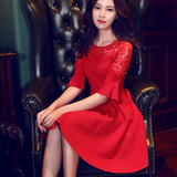 韩版2016夏季新款蕾丝喇叭袖大码显瘦红色时尚连衣裙结婚敬酒礼服