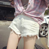 夏季新款韩版学生白色毛边破洞牛仔短裤宽松显瘦流苏高腰热裤女潮