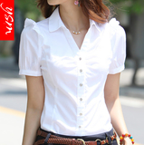 修身百搭夏季V领2016韩版女短袖小清新学生衬衣白色职业工装衬衫