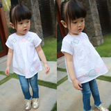 西西家 童装女童短袖衬衫2015新款儿童韩版百搭刺绣白色娃娃衫