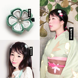 日本进口皱布和服浴衣白绿色花朵头发饰古装和风发夹卡顶边夹现货