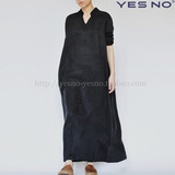 yesno原创设计女装2016新款春夏立领宽松七分袖铜氨丝连衣裙长裙
