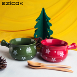 ezicok 日式创意波点陶瓷早餐碗 可爱手柄泡面碗情侣餐具2件套装