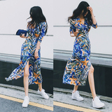 韩国代购2016新款波西米亚沙滩裙V领系带防晒开衫度假连衣裙长裙