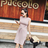 2016夏季新款韩版纯色无袖圆领系腰带冰丝针织长裙气质显瘦连衣裙