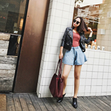 2016秋装新款 韩版修身翻领皮衣女短款外套女式pu夹克机车服女装