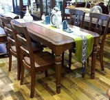 实木餐桌 简约现代餐厅美式长方形餐桌椅组合做旧复古胡桃色