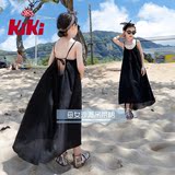 2016夏季新款大摆黑色连衣裙长款亲子装女童沙滩裙长裙蕾丝吊带裙