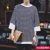 2016春夏季装新款日系韩版宽松型七分袖条纹T恤衫男 短袖潮流港风