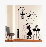 满包邮路灯黑白情侣小猫墙贴 客厅温馨卧室玄关贴可移除diy墙贴画