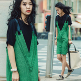 夏新棉麻吊带裙 原创复古绿H型无袖个性深V领大码背带连衣裙 正品