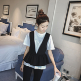 DHR 2016春装新款韩国韩版短袖T恤百褶黑白拼色背心两件套装女装