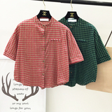 包邮 2016夏季韩版复古学院风格子立领宽松短款短袖衬衫衬衣女