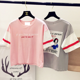 包邮 2016夏季韩国原宿风可爱卡通贴布字母宽松短款短袖T恤女