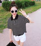 夏季短袖T恤女 学生韩国原宿细条纹polo翻领打底衫半袖宽松上衣服