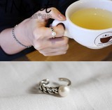 韩国韩版S925纯银天然淡水珍珠半链条开口戒指女个性复古做旧戒指