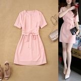 2件包邮女装16夏新款大码淡粉色显瘦OL风气质修身半袖A字连衣裙