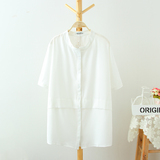 大码女装2016夏装新款韩版立领短袖白色衬衫胖MM中长款衬衣开衫女