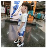 韩国白色代购新款16男童纯棉三道杠短裤夏款 短袖宝宝运动套装