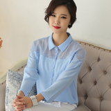 2016春季新品女装上衣韩版长袖衬衫网纱拼接修身高端OL女士衬衣
