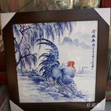 景德镇陶瓷瓷板画 名家手绘金鸡报晓动物公鸡有框青花挂屏装饰画