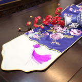 新中式牡丹刺绣锦缎桌旗布中国风古典茶几茶席餐桌床旗电视柜桌布