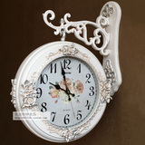 金属欧式双面挂钟客厅实木两面钟表创意美式时钟复古静音石英挂表