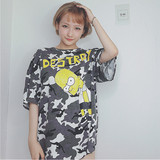 夏季女装韩国宽松复古迷彩卡通印花中长款体恤衫 原宿bf风短袖T恤