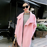 16秋冬装韩版茧型中长款粉色呢子羊绒大衣女韩国加绒加厚毛呢外套