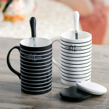 创意简约条纹水杯陶瓷杯咖啡杯带盖带勺马克杯早餐牛奶杯子情侣杯