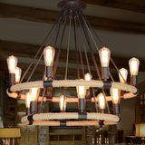 美式乡村灯具创意个性复古酒吧咖啡厅客厅餐厅工业大铁艺麻绳吊灯