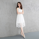 夏季小香风修身显瘦长裙白色礼服中长款收腰大摆仙女裙蕾丝连衣裙