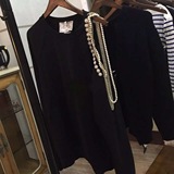 2016/ss  暗黑系列复古气质珍珠链条露肩慵懒宽松长袖卫衣T恤