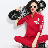 2016春季新款韩版女装时尚大码显瘦三条杠运动服休闲套装两件套潮