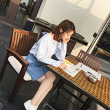 2016高俊熙同款韩版韩范学院风一字领露肩衬衫女白色长袖衬衣包邮