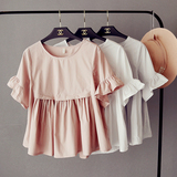 2016夏季新品日系甜美短袖娃娃衫宽松大码裙摆显瘦纯色衬衫上衣女