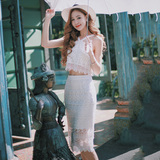 泰国潮牌镂空蕾丝套装裙吊带两件套女夏名媛性感露腰流苏包臀套裙