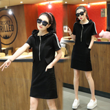2016夏季韩版女装新款学院风连衣裙显瘦连帽卫衣中长款短袖T恤