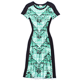 美国单高端品质薄荷绿抽象艺术花色扎染拼接显瘦气质修身连衣裙